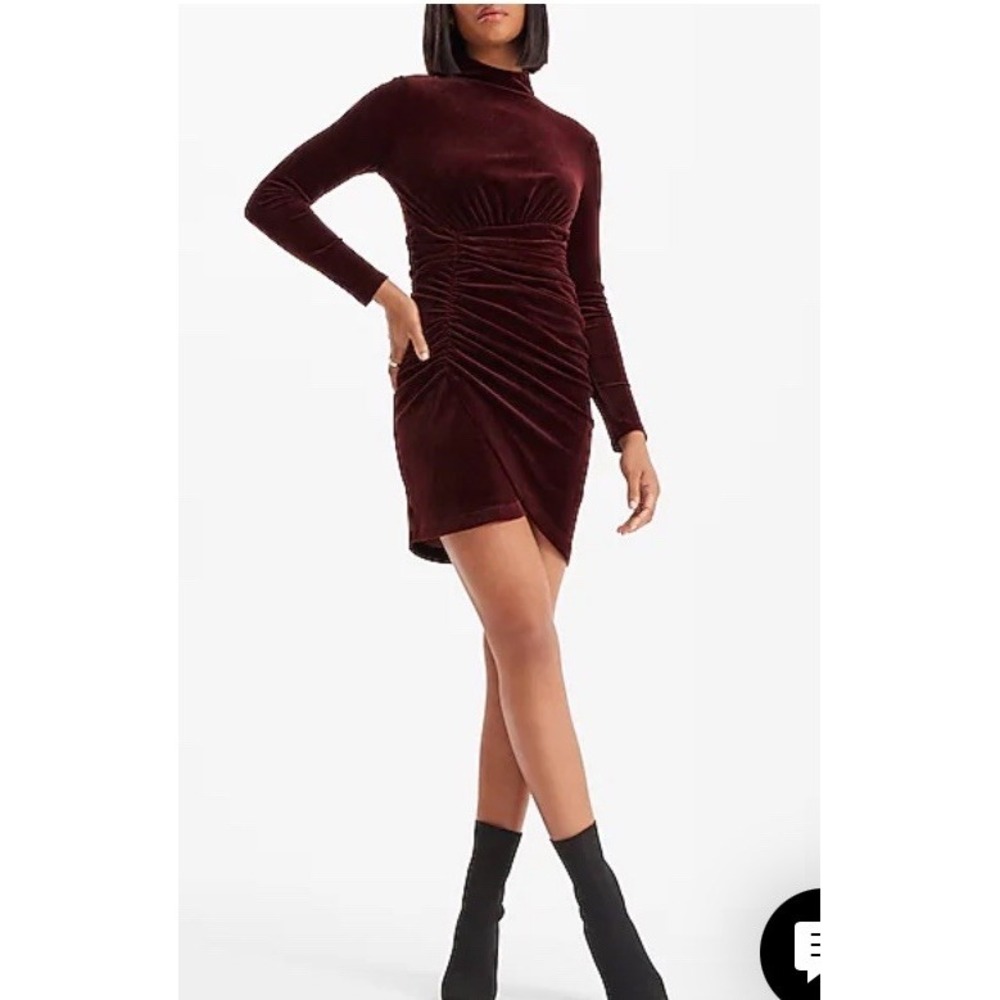 EXPRESS Velvet Body Contour Mock Neck Ruched Mini Dress M New Brown Stretch $128